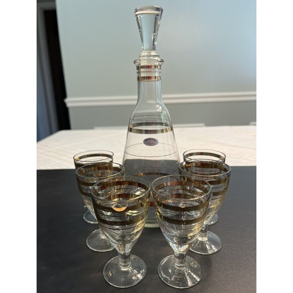 unmarked Other - NOS Vtg Hand Made Crystal USSR 7pc Decanter Cordial Glasses 24k Gold Accent IOB